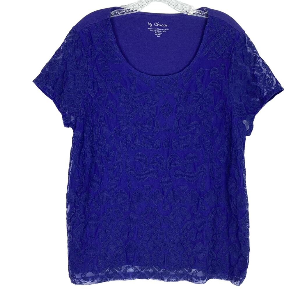 NWOT CHICOS Top 3/XL Purple Tulle Mesh Embroidery Short Sleeve Cotton Blend